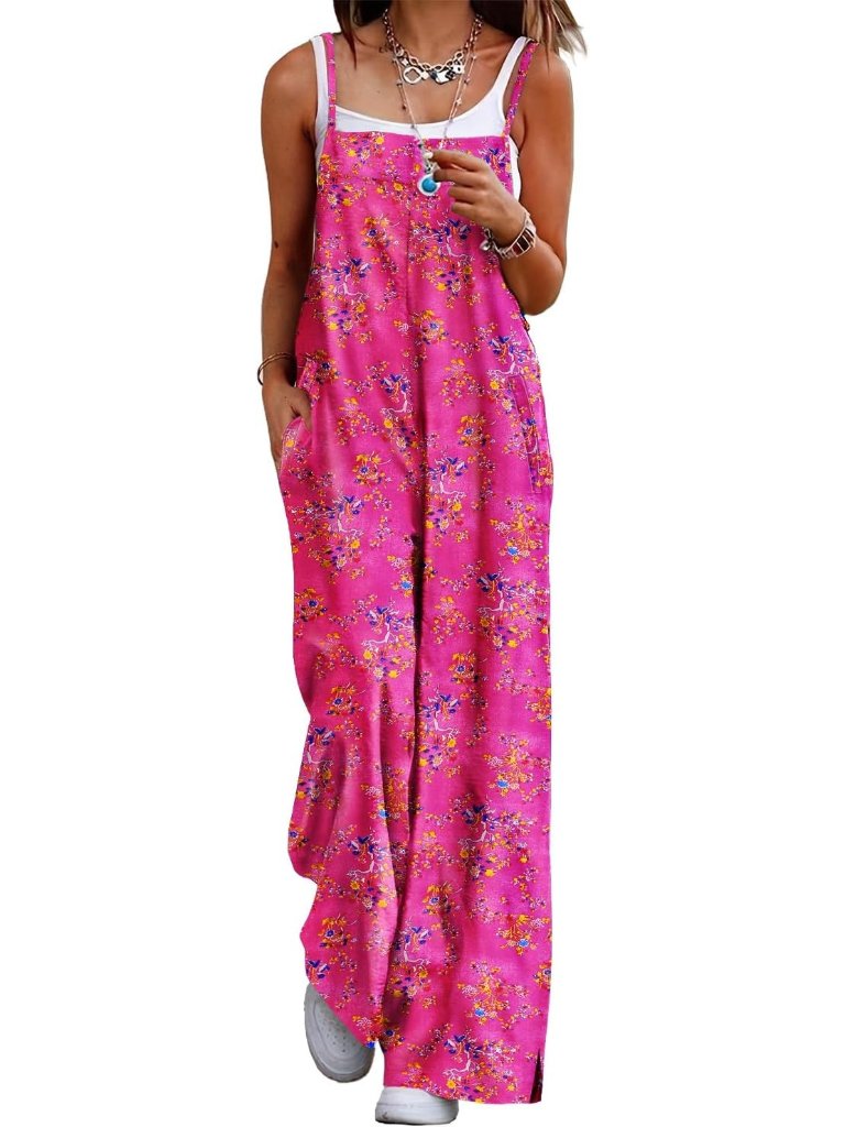 Women's Pink Summer Bohemian Floral Jumpsuits Casual Wide Leg Romper Sleeveless